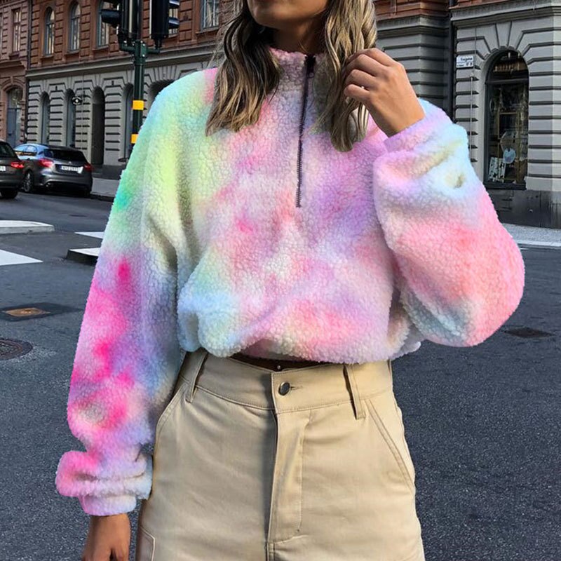 Tie dye Fashion Hoodie Women Soft Girl Pullover Women Colorful Harajuku Style Crop Top Coral fleece Hot Color Loose Female|Hoodies & Sweatshirts| - AliExpress