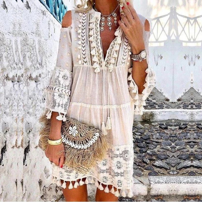 Cổ V Boho Chic Đầm Cho Nữ Tua Rua Mùa Hè Vải Lanh Phong Cách Bohemian Đầm Nữ Tay Plus Kích Thước Hipple Áo Femme|Cover-up| - AliExpress