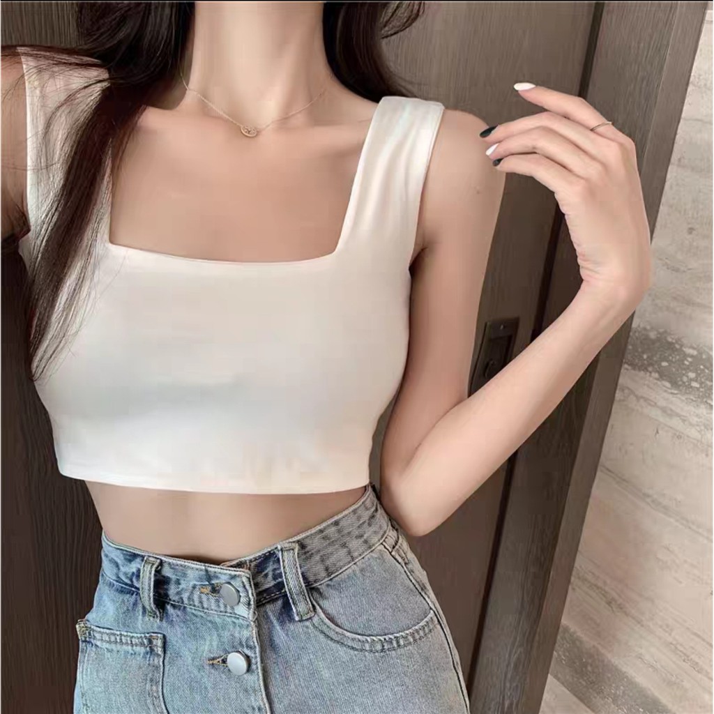 CÓ SẴN FREESHIP TỪ 50K Áo croptop hai dây bản to quai áo lớn màu trơn hàng Quảng Châu | Shopee Việt Nam