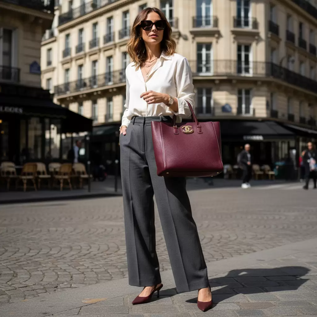 Sự kết hợp hoàn hảo giữa áo sơ mi lụa và quần tây tạo nên diện mạo đẳng cấp