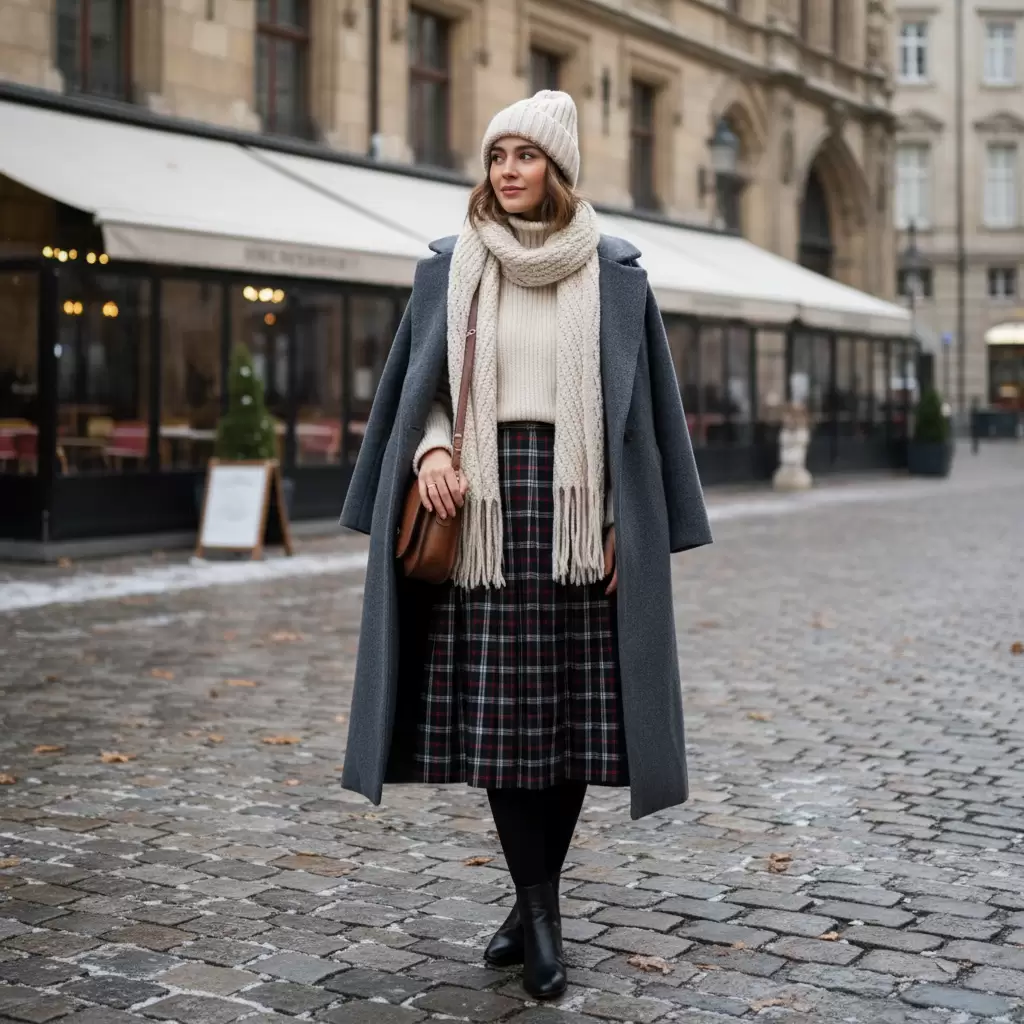 Phong cách phối đồ ấm áp và thời thượng với chân váy kẻ caro vào mùa lạnh