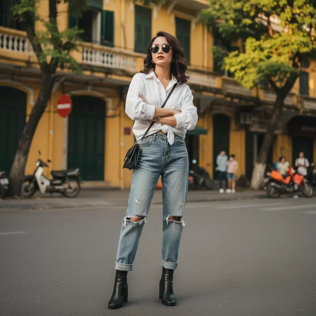 Thắt nút áo sơ mi form rộng là cách tuyệt vời để nâng tầm phong cách thời trang