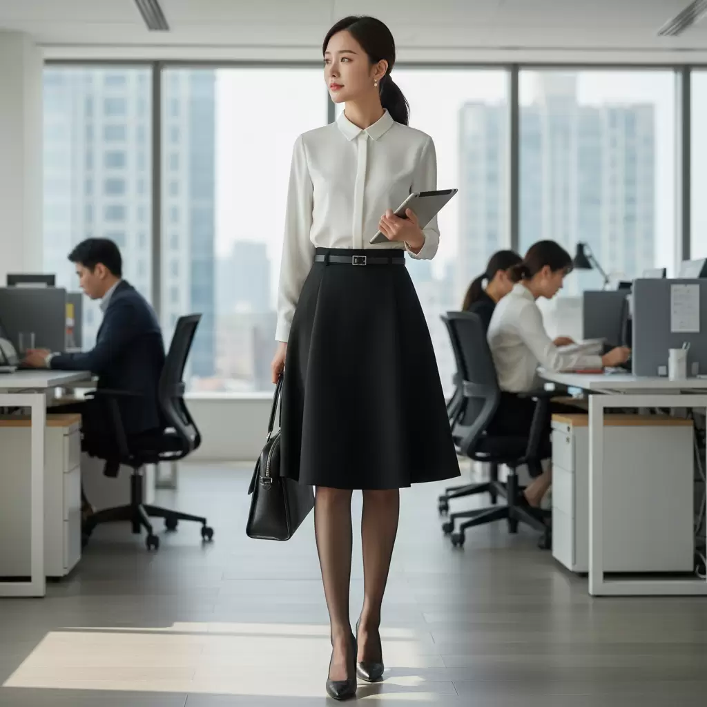 gemini_image_1768310665 Sự kết hợp giữa áo sơ mi và chân váy chữ A mang lại vẻ ngoài chuyên nghiệp và thanh lịch