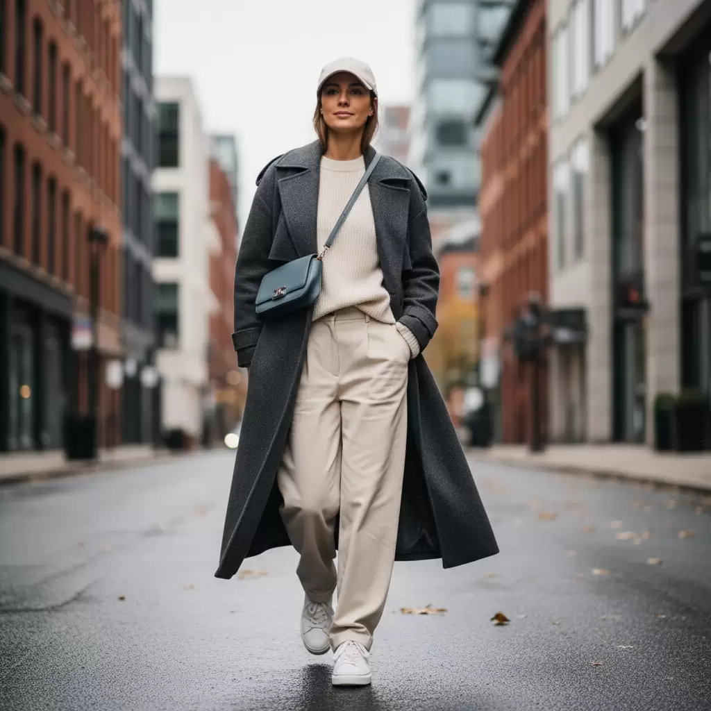 Sự kết hợp giữa áo khoác dạ và quần ống rộng tạo nên phong cách dạo phố hiện đại