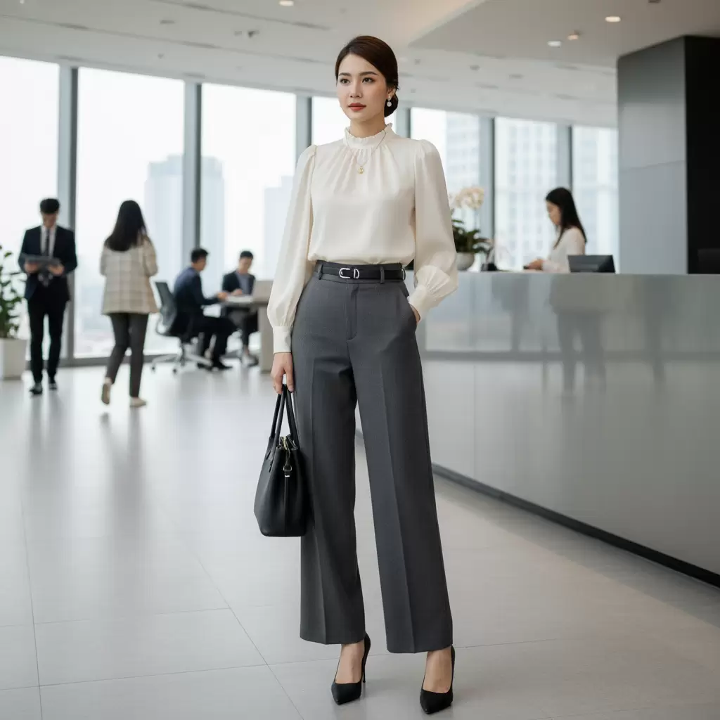 gemini_image_1768312276-1 Sự kết hợp giữa áo kiểu và quần tây mang lại vẻ ngoài chuyên nghiệp và sang trọng