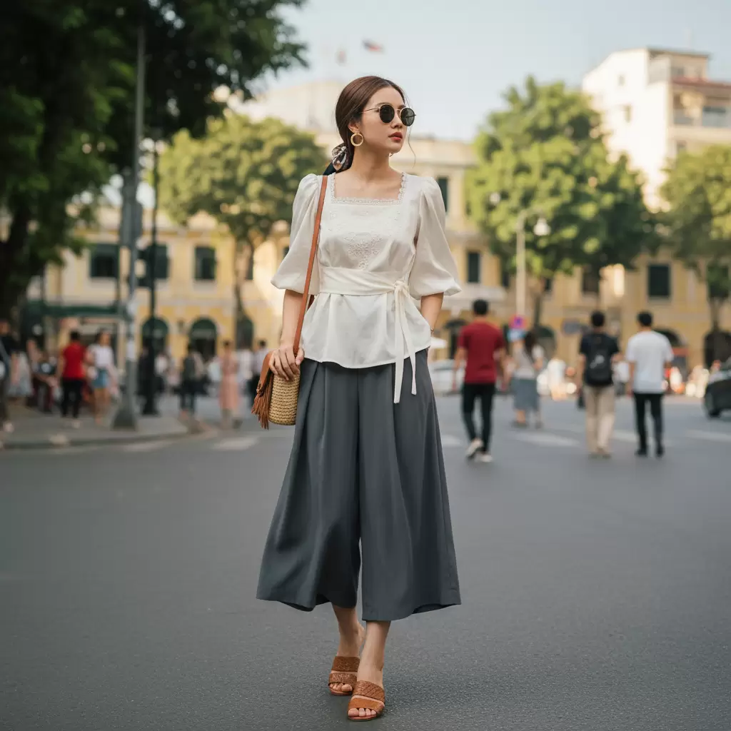 gemini_image_1768312277 Quần culottes phối cùng áo kiểu tạo nên phong cách thời trang hiện đại và cực kỳ thoải mái