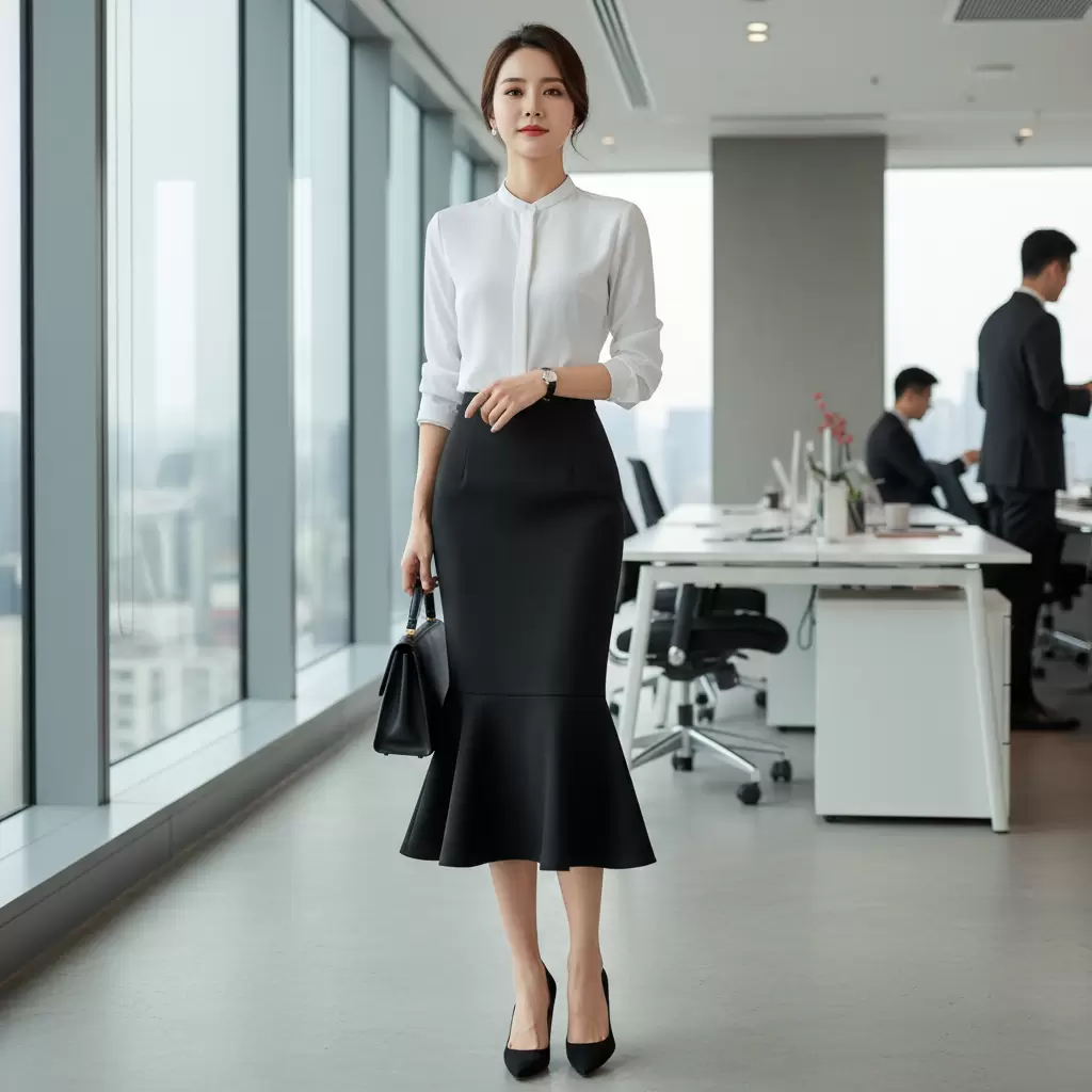 gemini_image_1768314063-1 Sự kết hợp giữa chân váy đuôi cá và áo sơ mi mang lại vẻ ngoài chuyên nghiệp cho nàng công sở