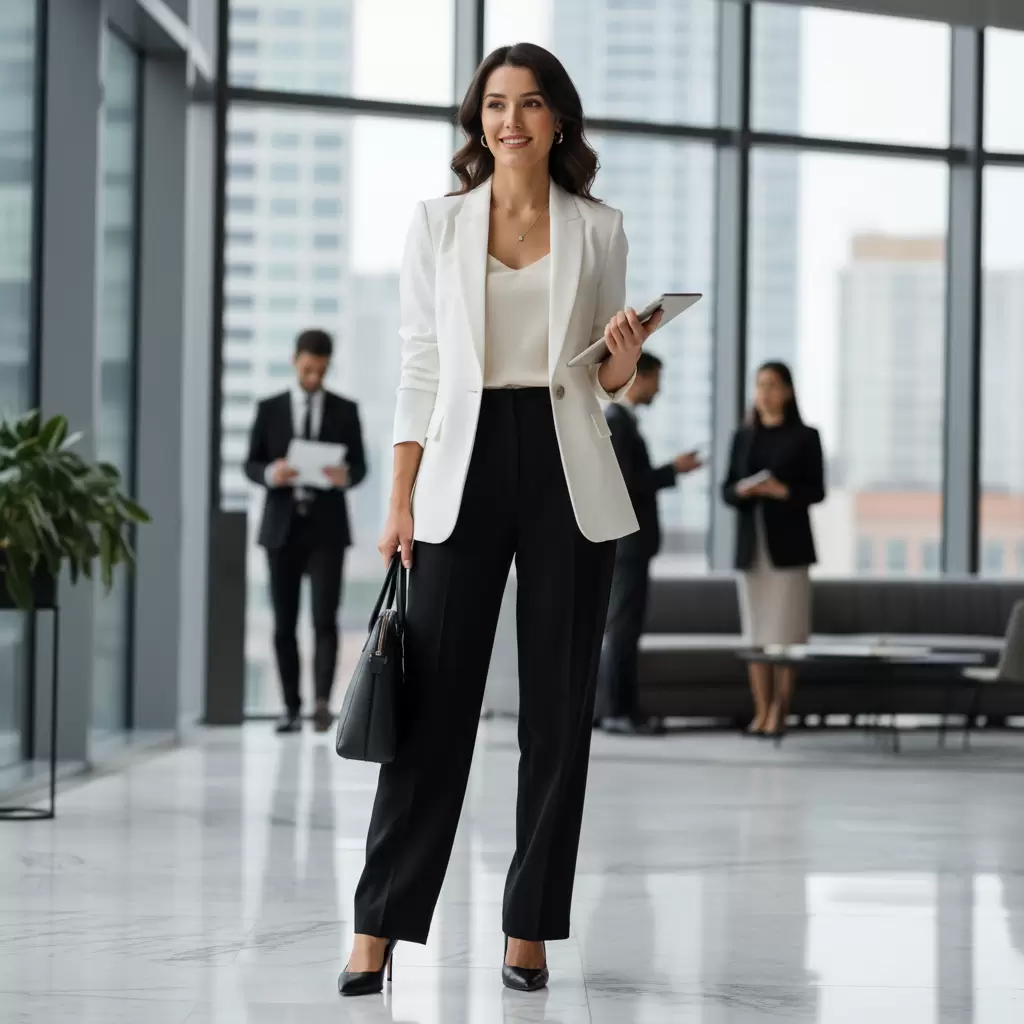 gemini_image_1768316311 Set đồ blazer phối cùng quần tây mang lại vẻ ngoài quyền lực và chuyên nghiệp