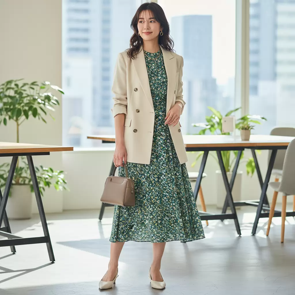 gemini_image_1768317493-1 Sự kết hợp giữa blazer và váy liền tạo nên nét dịu dàng nhưng vẫn chuyên nghiệp