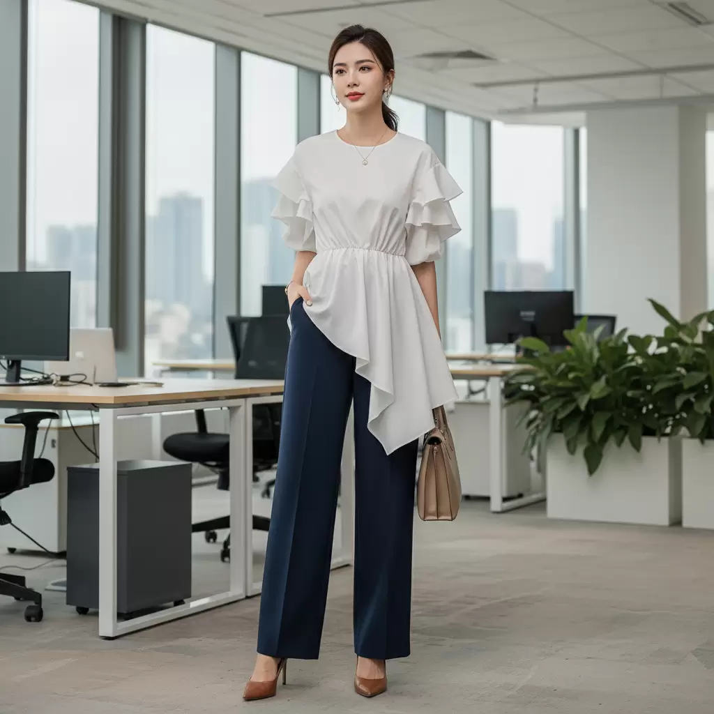 Sự kết hợp hoàn hảo giữa áo sơ mi cách điệu và quần tây ống đứng tạo vẻ ngoài năng động