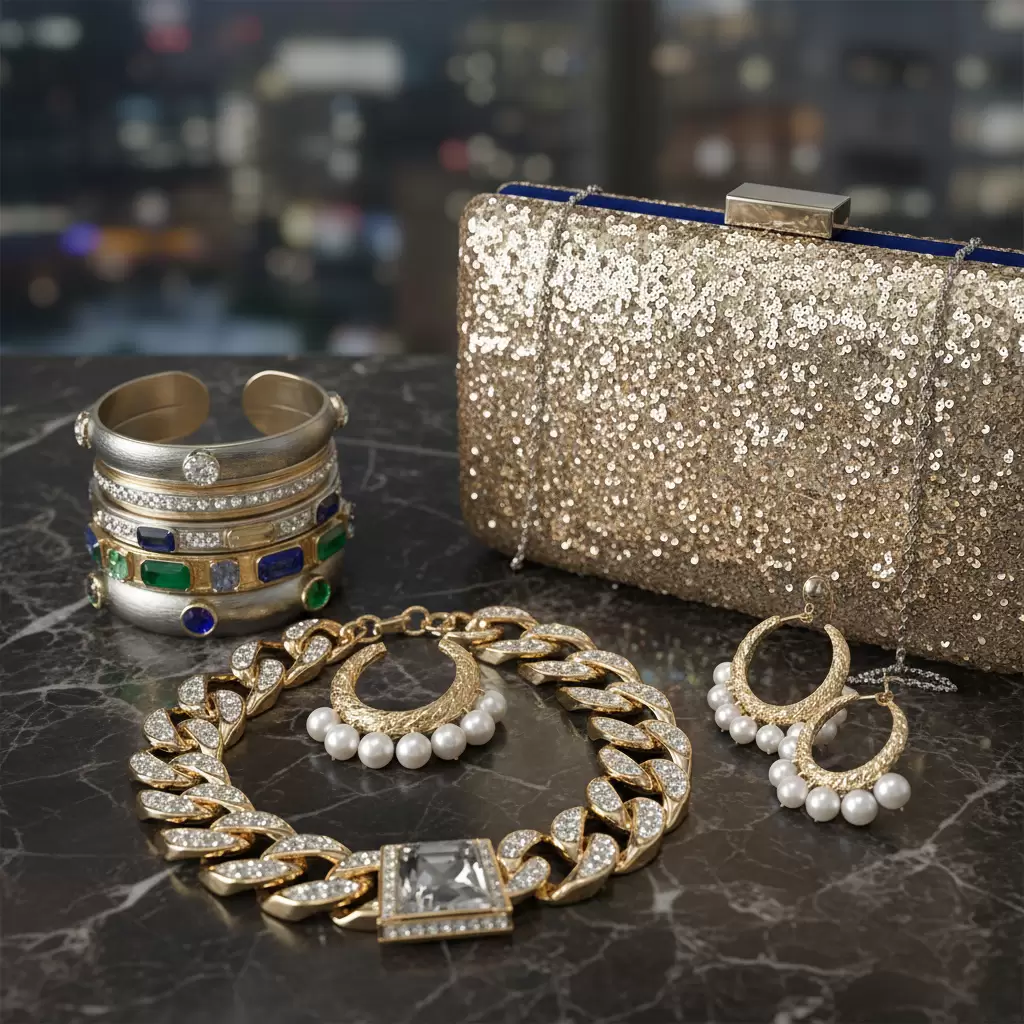 Trang sức bản to và clutch là những món đồ không thể thiếu khi đi tiệc