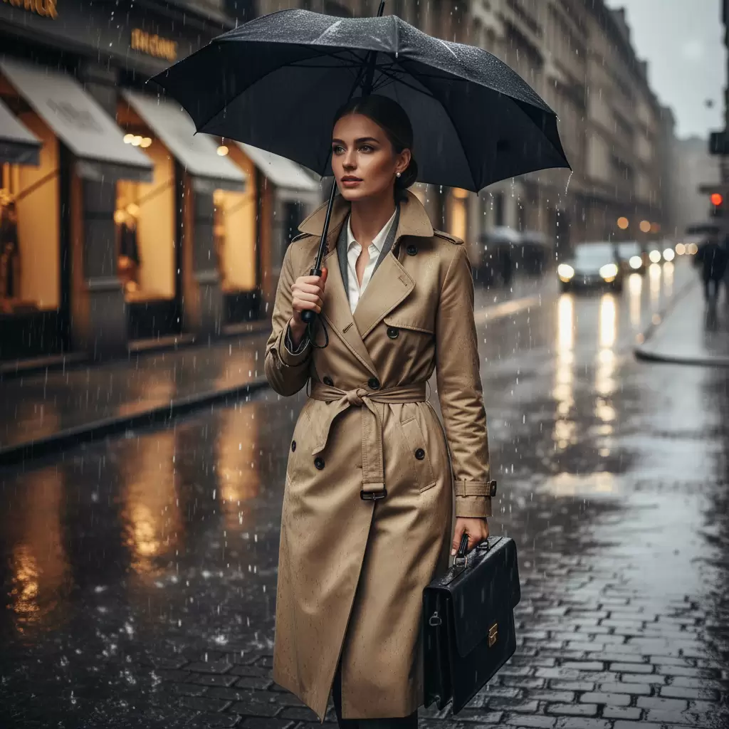 Áo trench coat là món đồ không thể thiếu để duy trì vẻ thanh lịch khi trời mưa