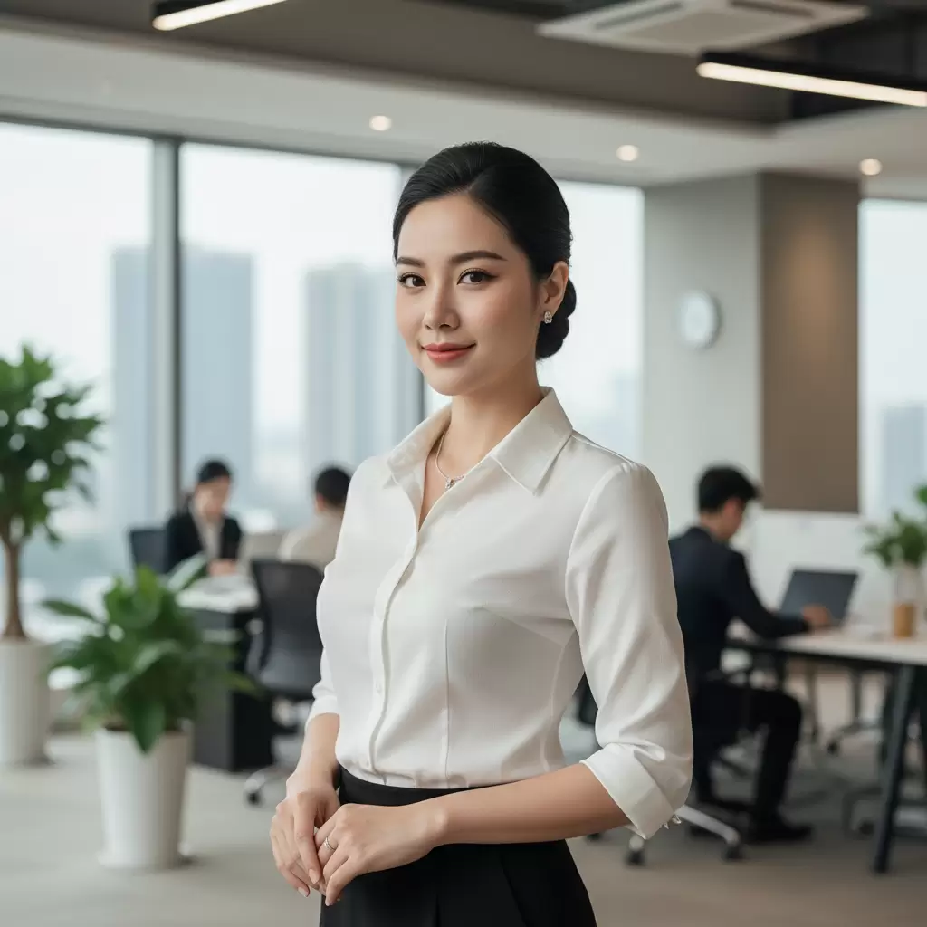 gemini_image_1768319962 Trang phục trắng mang lại vẻ ngoài thanh lịch và chuyên nghiệp cho quý cô công sở