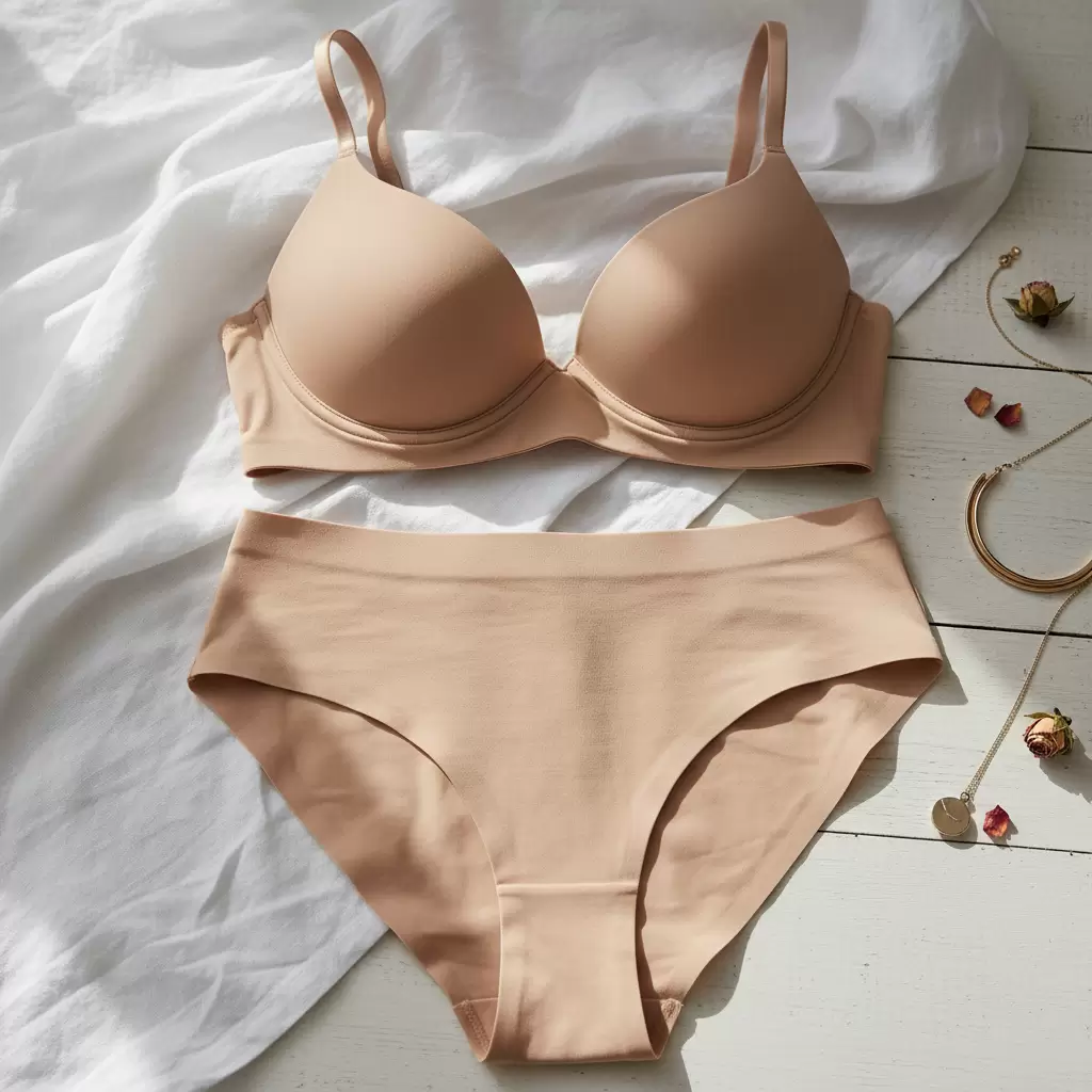 gemini_image_1768319963 Nội y màu nude không đường may là lựa chọn tối ưu cho trang phục trắng