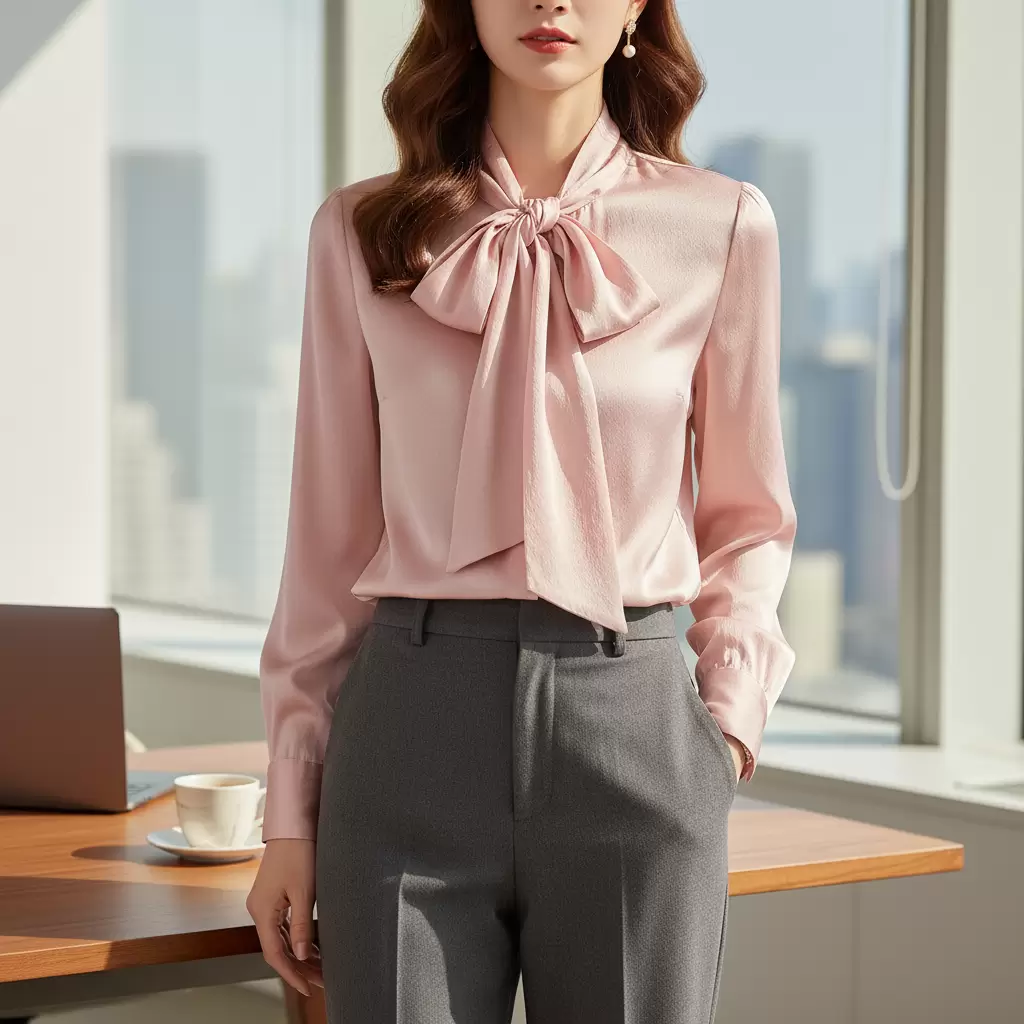 gemini_image_1768320855-1 Áo sơ mi lụa thắt nơ là điểm nhấn nữ tính trong BST áo sơ mi nữ thiết kế dành riêng cho nàng văn phòng
