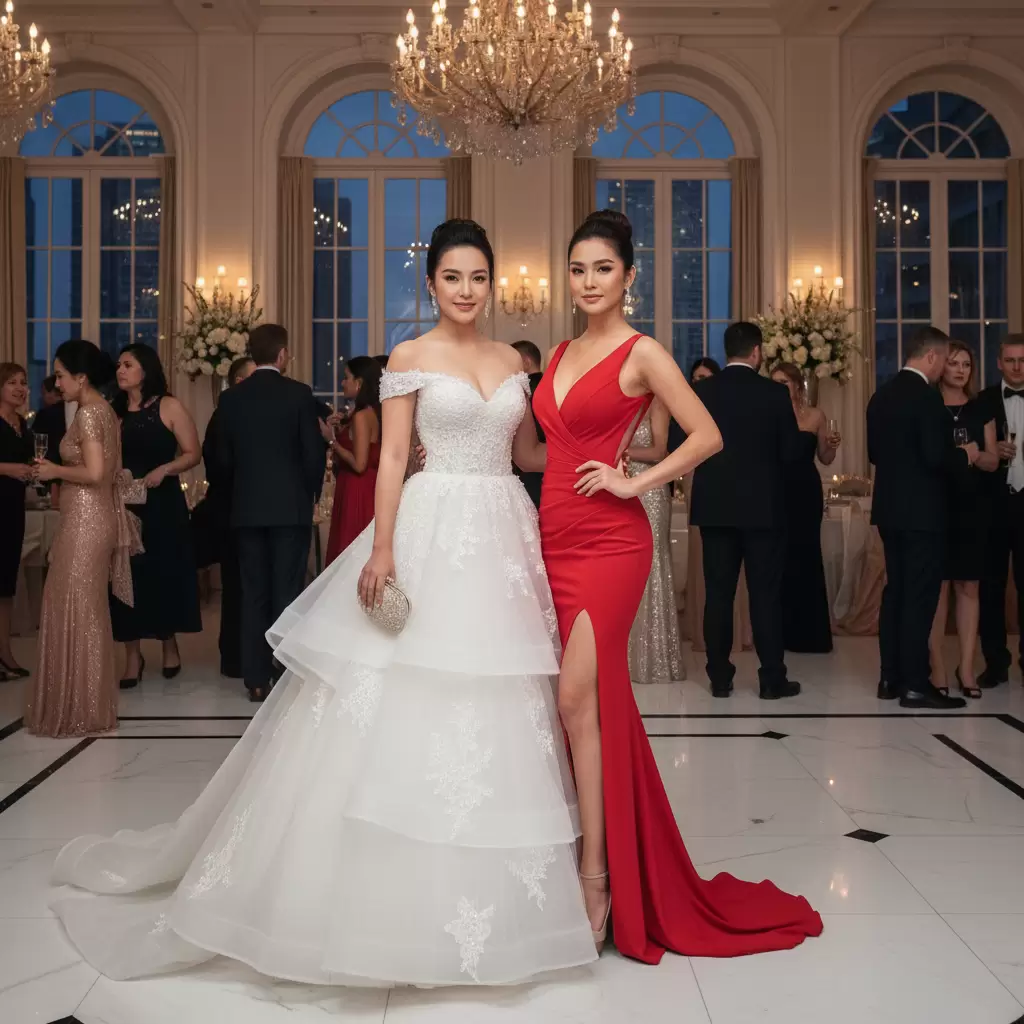 gemini_image_1768321773-1 Sự đối lập giữa vẻ ngọt ngào của đầm xòe và nét gợi cảm của đầm body trắng