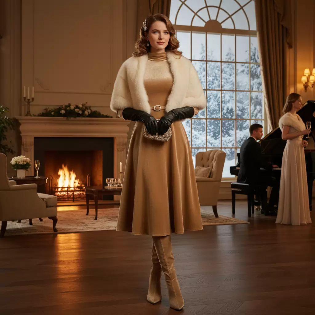 Mẫu váy kaki nhung sang trọng là lựa chọn hàng đầu cho các sự kiện mùa đông