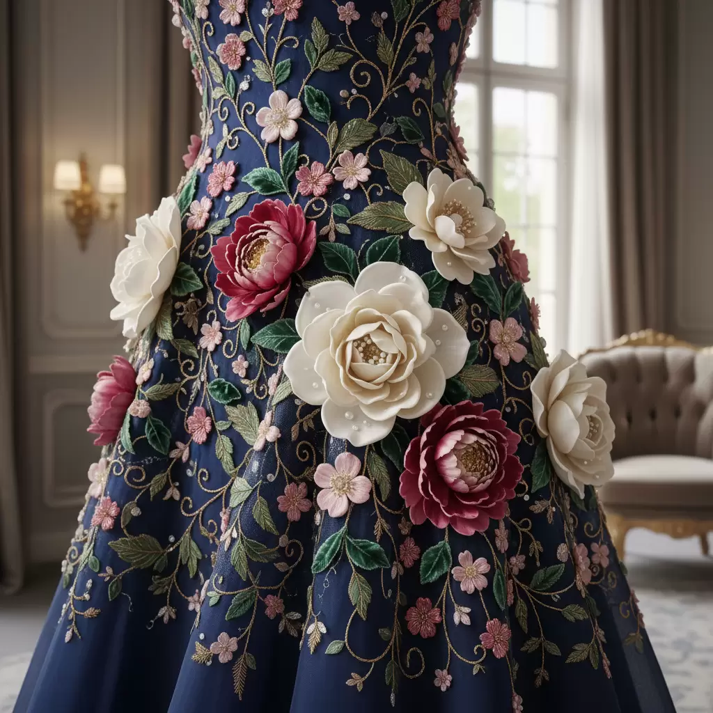 Kỹ thuật đính kết 3D thủ công tạo nên điểm nhấn sống động cho trang phục dự tiệc