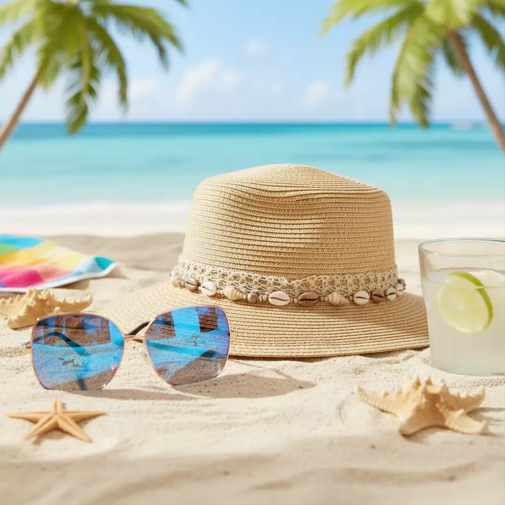 gemini_image_1768328348 Phụ kiện kính râm và mũ cói là điểm nhấn hoàn hảo cho set đồ mùa hè