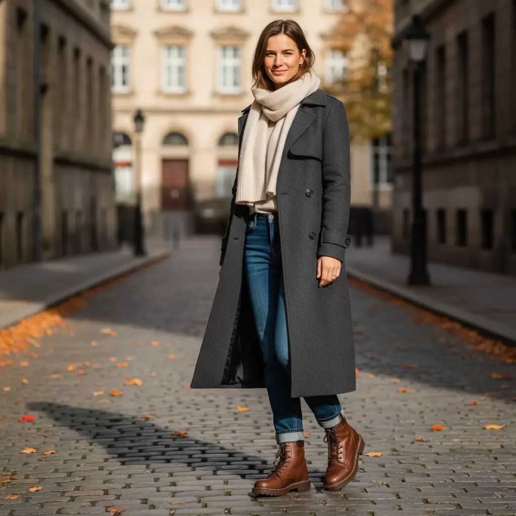 Sự kết hợp giữa áo khoác dáng dài và quần jeans tạo nên vẻ ngoài năng động hiện đại