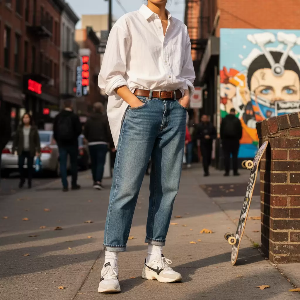 Phối áo sơ mi oversized cùng quần jeans tạo nên vẻ ngoài năng động và trẻ trung