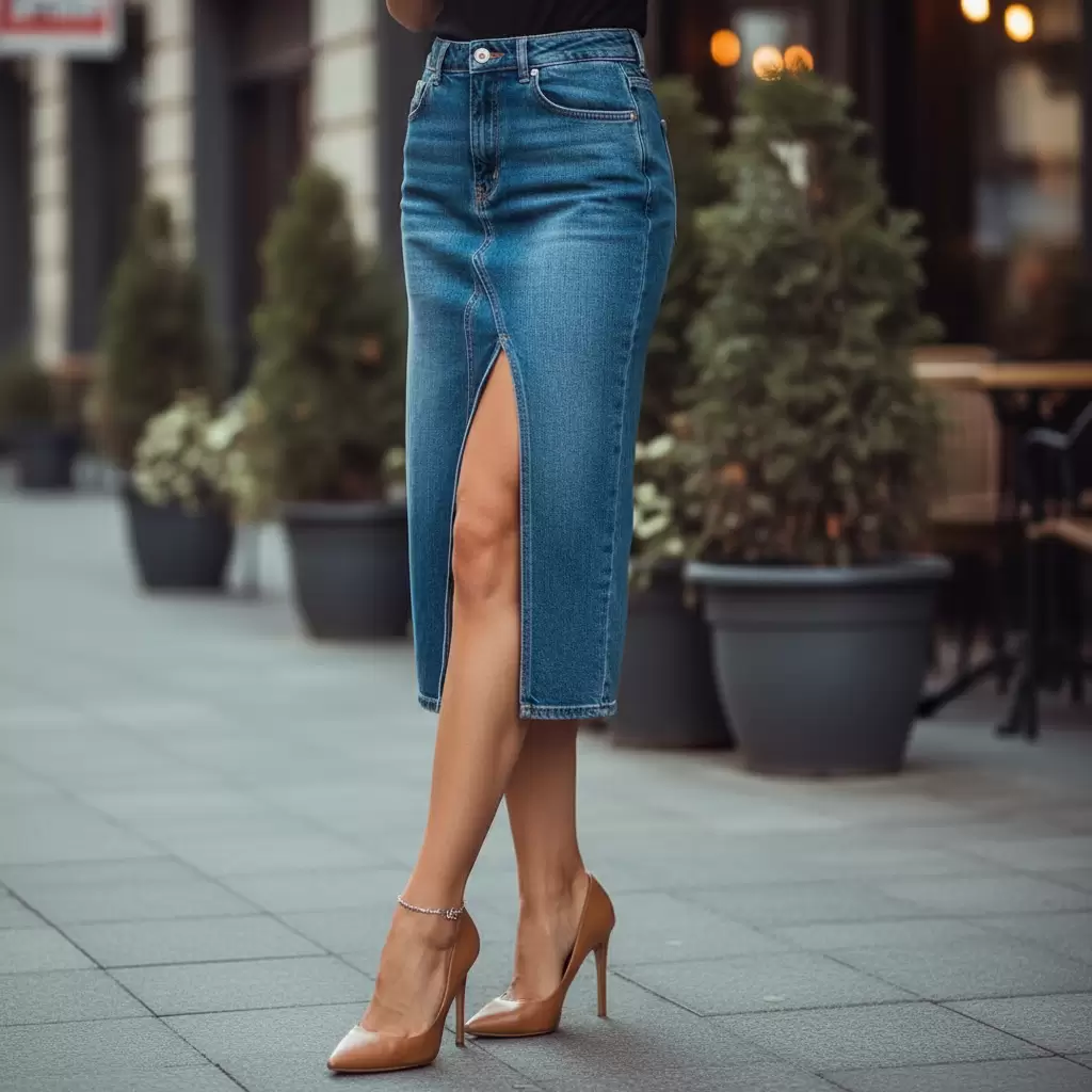 Chân váy midi denim xẻ tà là điểm nhấn cá tính và hiện đại cho bộ trang phục