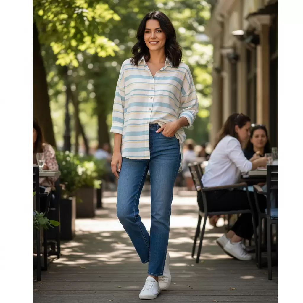 Màu sắc tươi sáng và họa tiết kẻ ngang là lựa chọn thông minh cho nàng ngực nhỏ