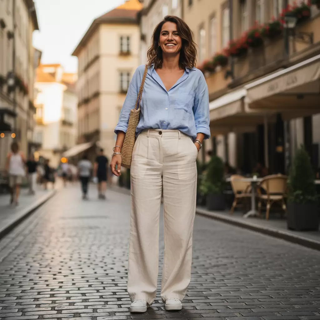 Sự kết hợp giữa quần cạp cao và áo sơ mi mang lại vẻ ngoài năng động và hiện đại