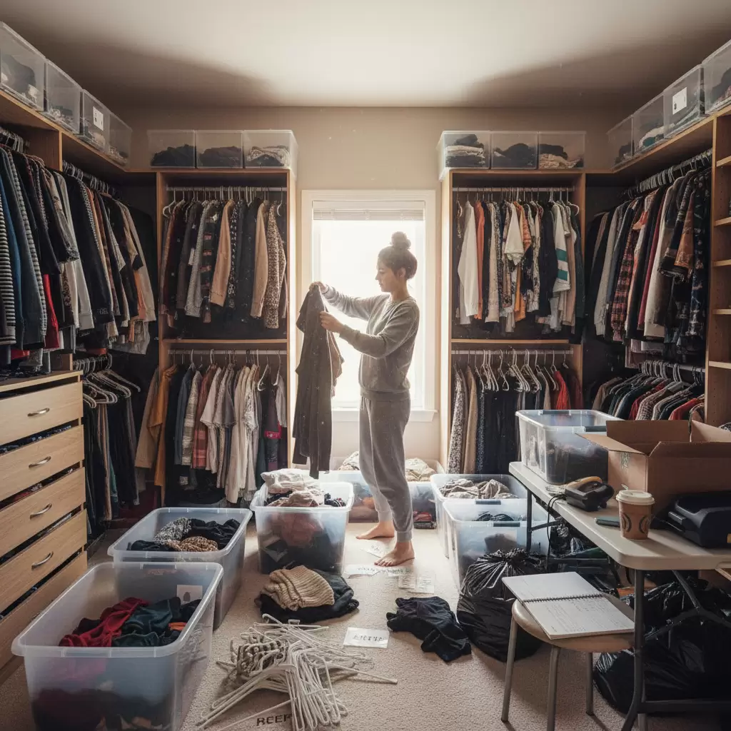 gemini_image_1768340674 Quy trình phân loại và dọn dẹp tủ đồ để bắt đầu lối sống tối giản