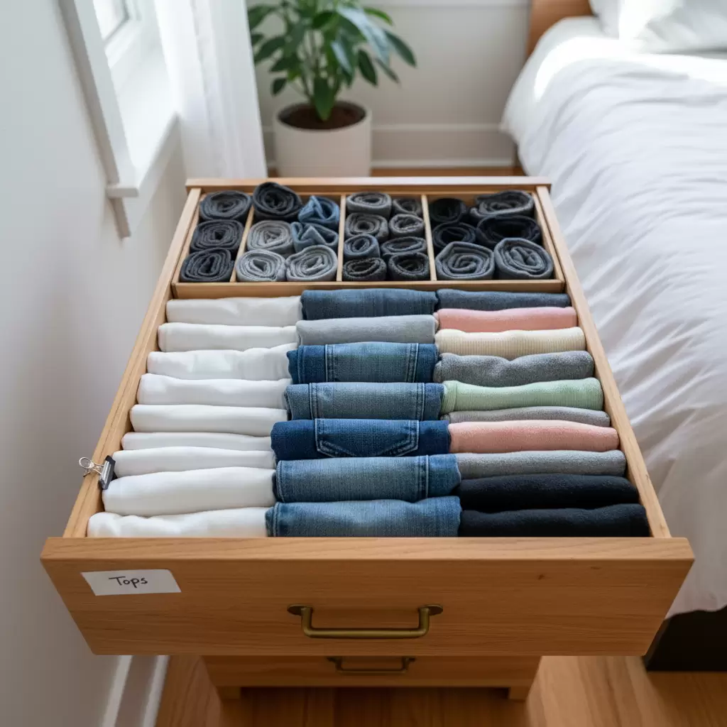 Kỹ thuật gấp đồ theo chiều dọc giúp tối đa hóa diện tích ngăn kéo